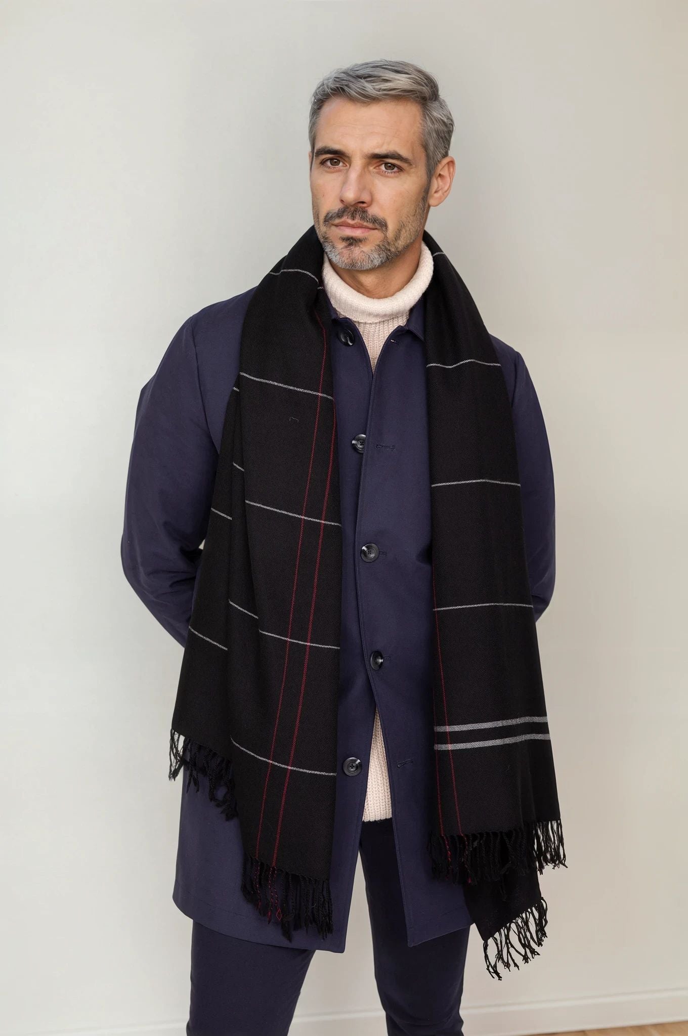 Black Merino Wool Scarf for Men - Handwoven - likemary