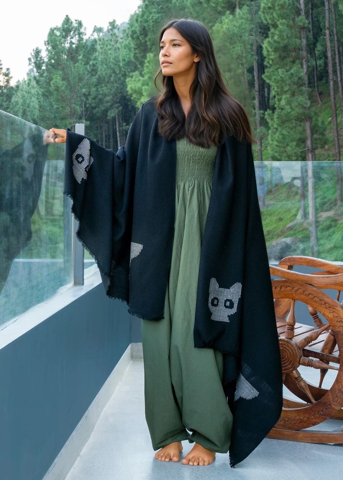 Black Shawl Wrap - Wool Blanket Scarf with Cat Motif - likemary