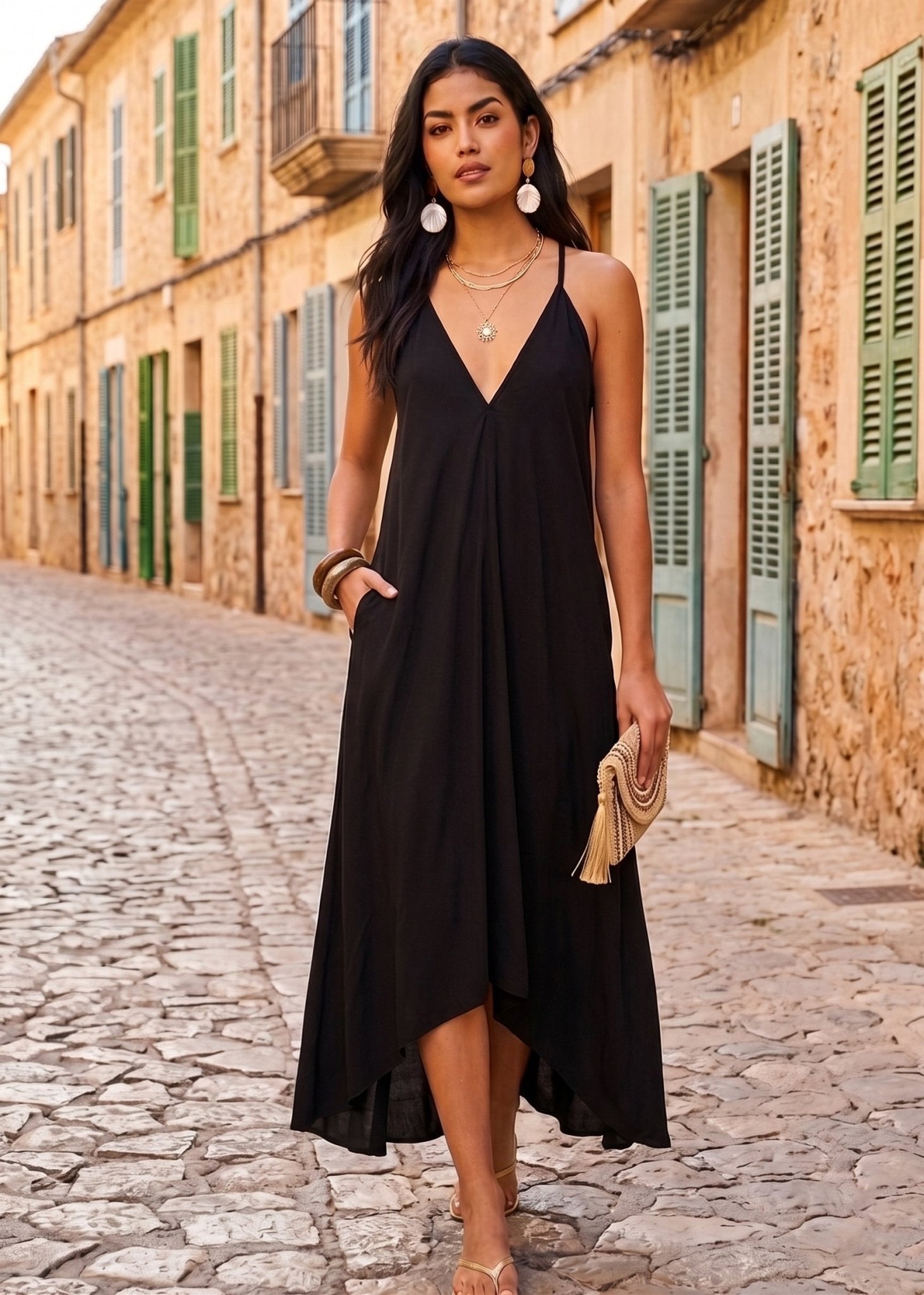 Woman in a black dress standing on a cobblestone street in Mallorca.