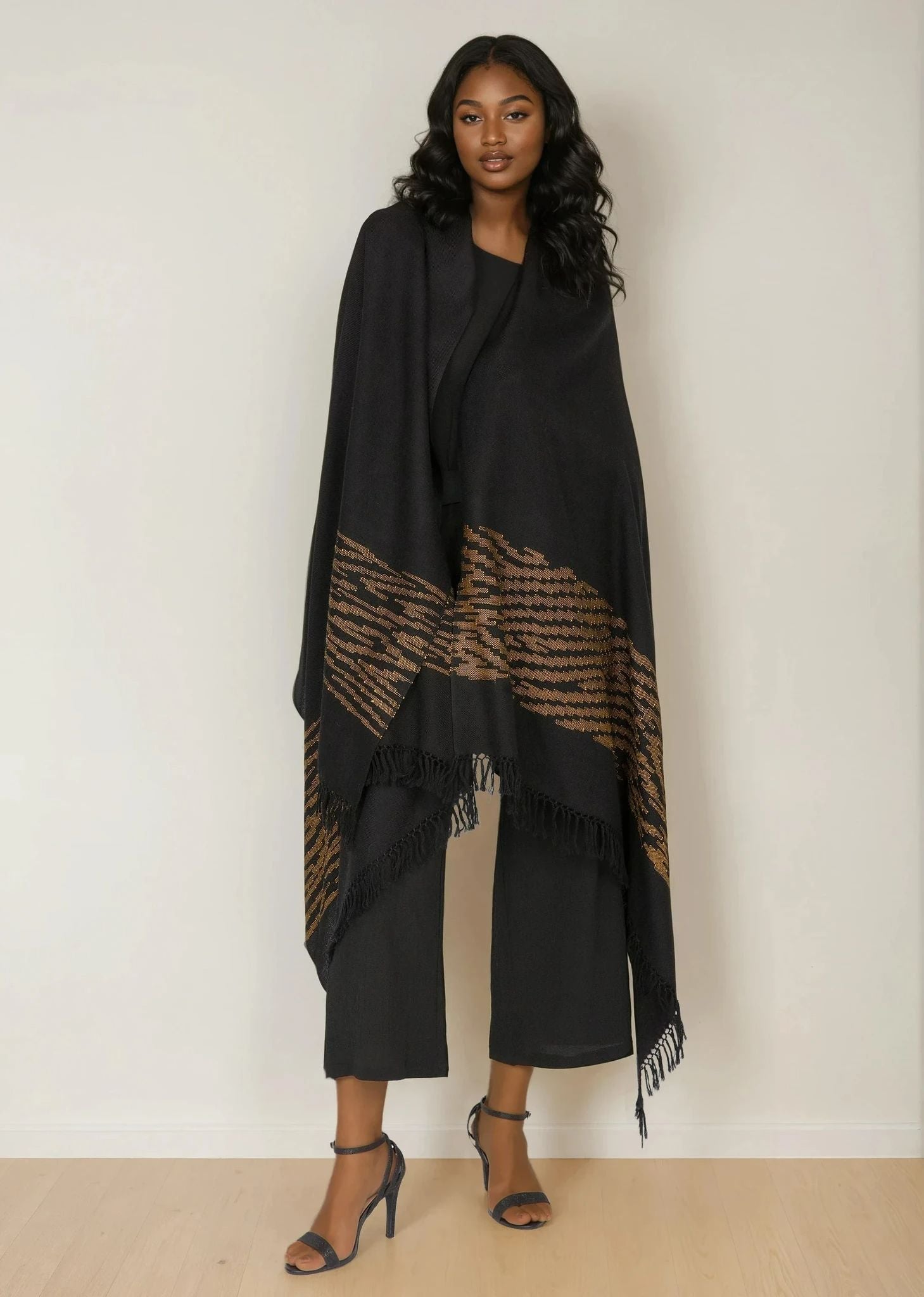 Black Wool Shawl with Tiger Stripes – Oversized Merino Blanket Scarf - likemary
