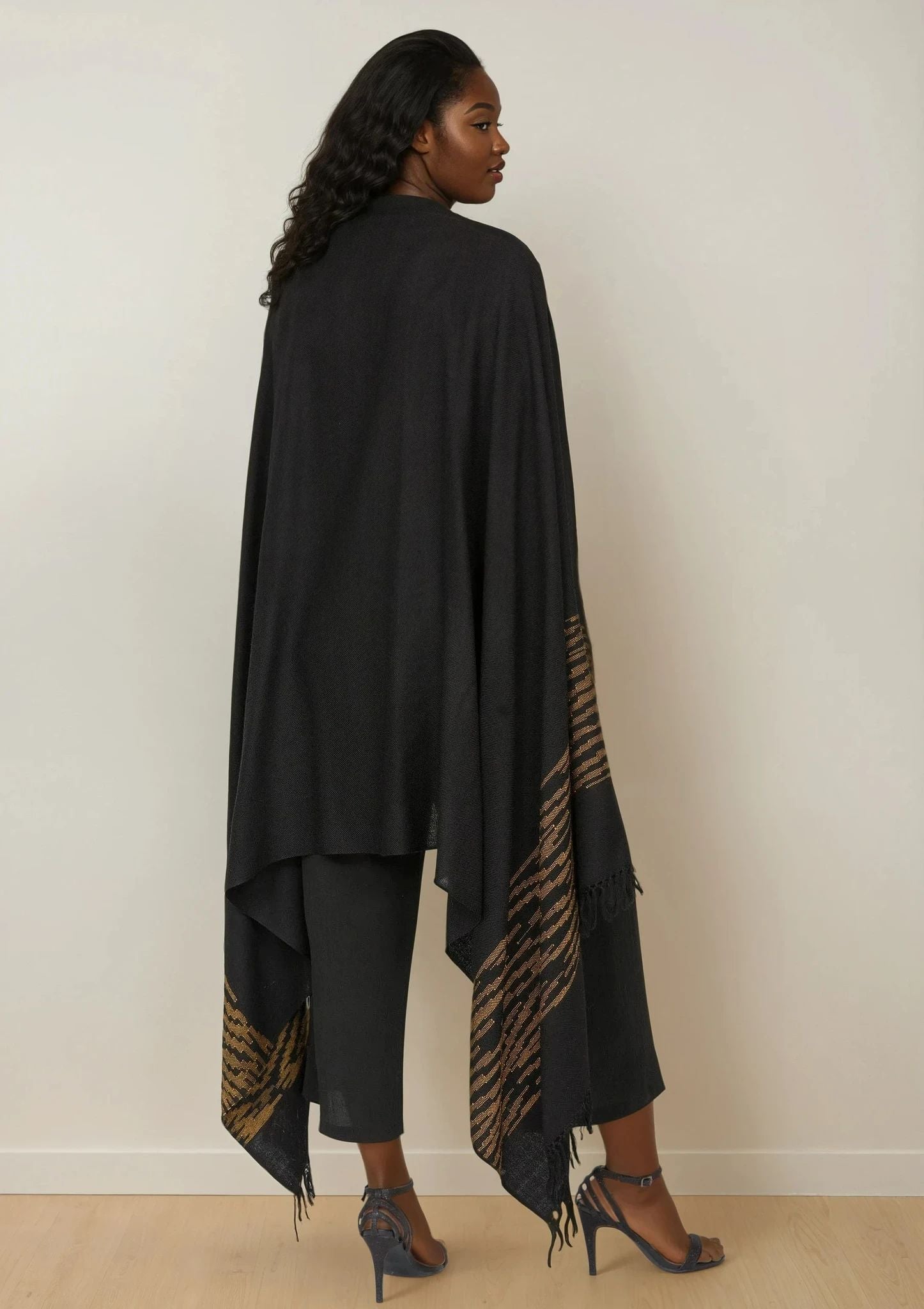 Black Wool Shawl with Tiger Stripes – Oversized Merino Blanket Scarf - likemary
