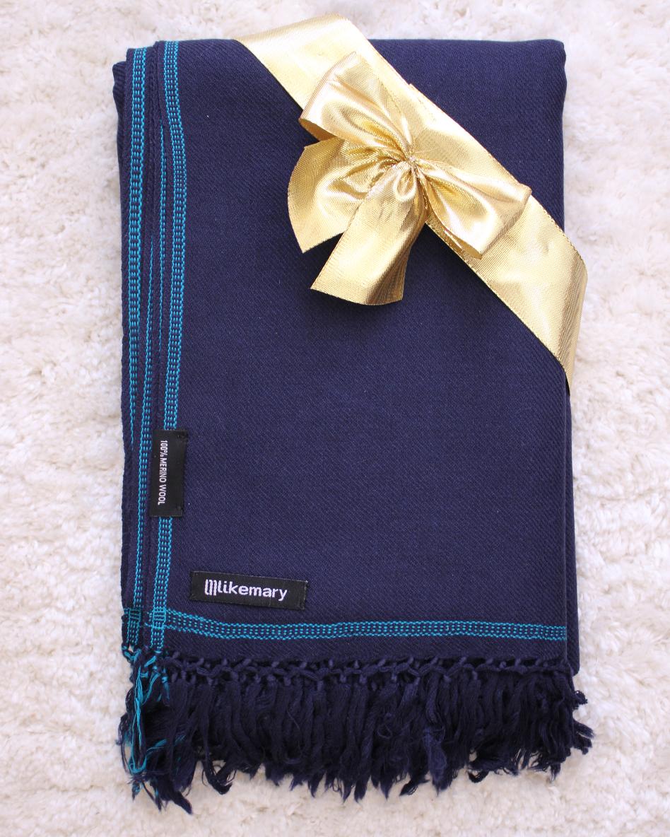 Merino Wool Shawl – Oversized Handwoven Wrap for Women Navy Blue