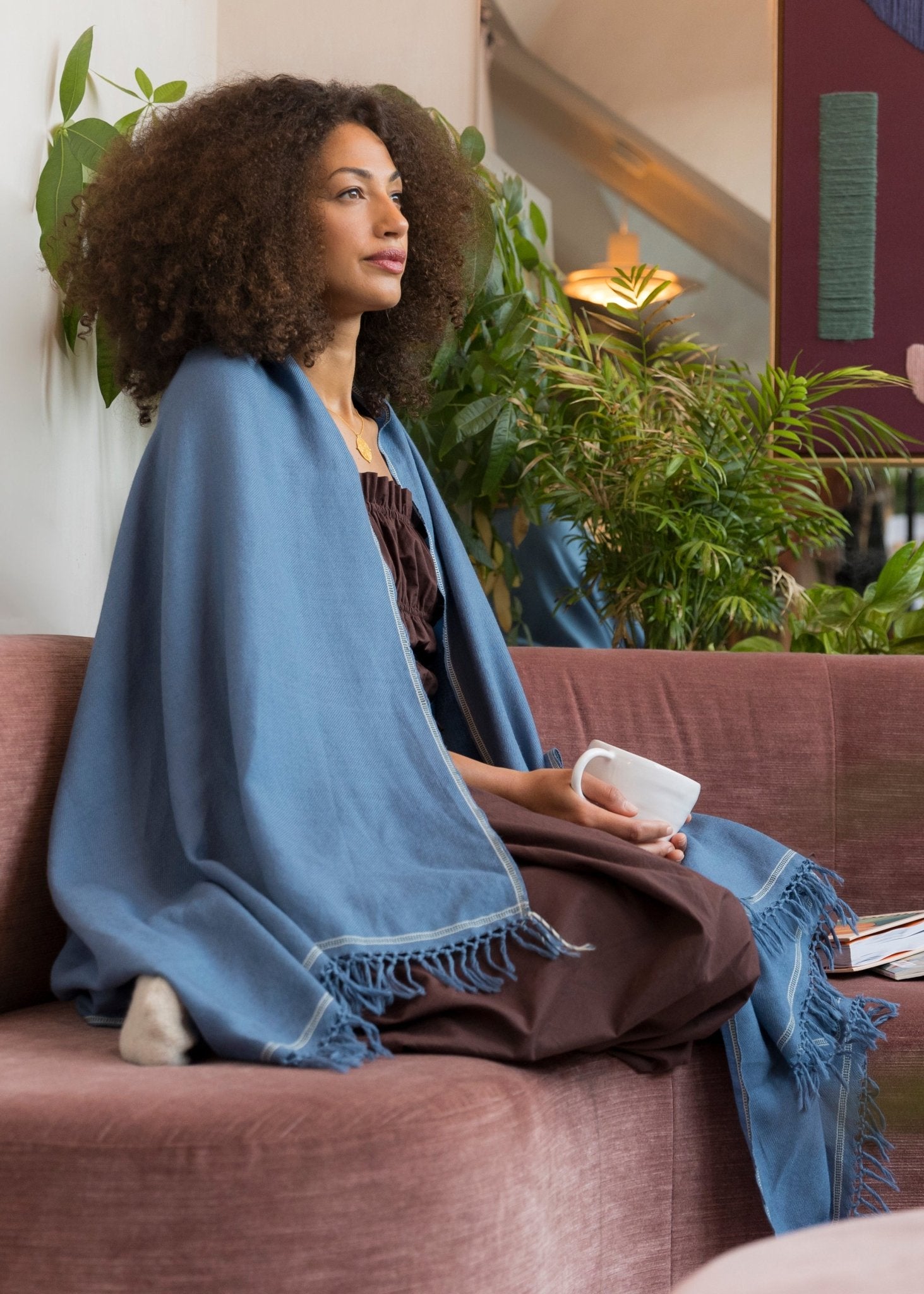 Blue Wool Shawl – Oversized Handwoven Blanket Scarf - likemary