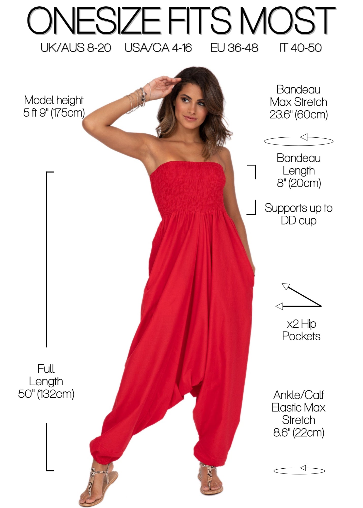 Convertible Cotton 2 - in - 1 Jumpsuit & Harem Pants in Red - likemary