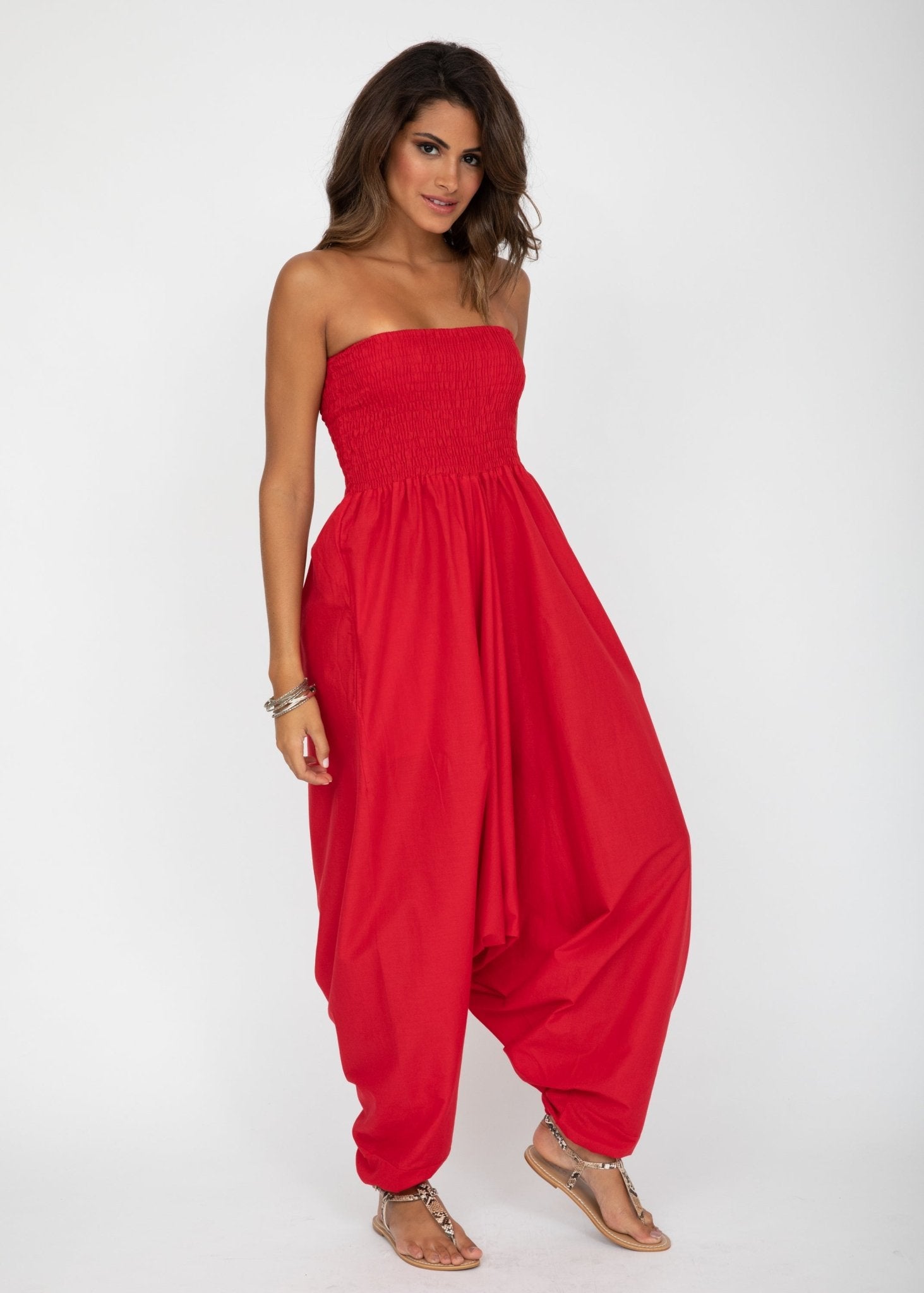 Convertible Cotton 2 - in - 1 Jumpsuit & Harem Pants in Red - likemary