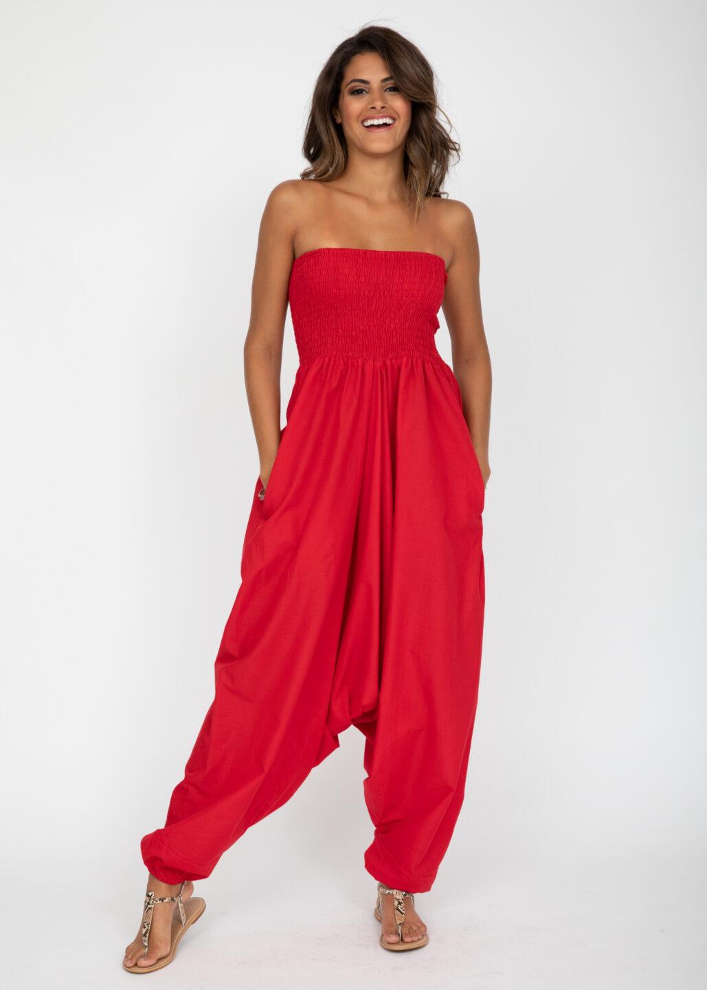 Convertible Cotton 2 - in - 1 Jumpsuit & Harem Pants in Red - likemary