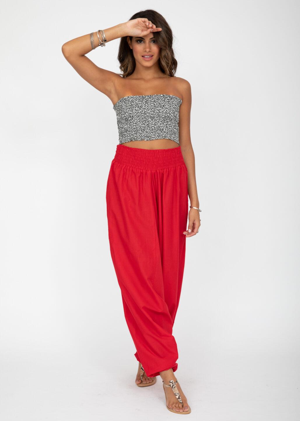 Convertible Cotton 2 - in - 1 Jumpsuit & Harem Pants in Red - likemary