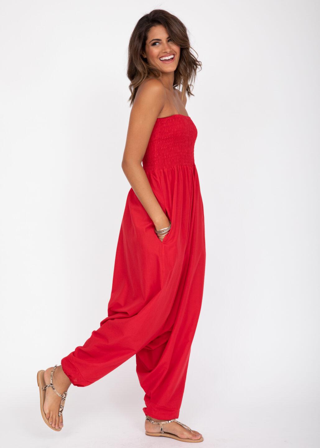 Convertible Cotton 2 - in - 1 Jumpsuit & Harem Pants in Red - likemary