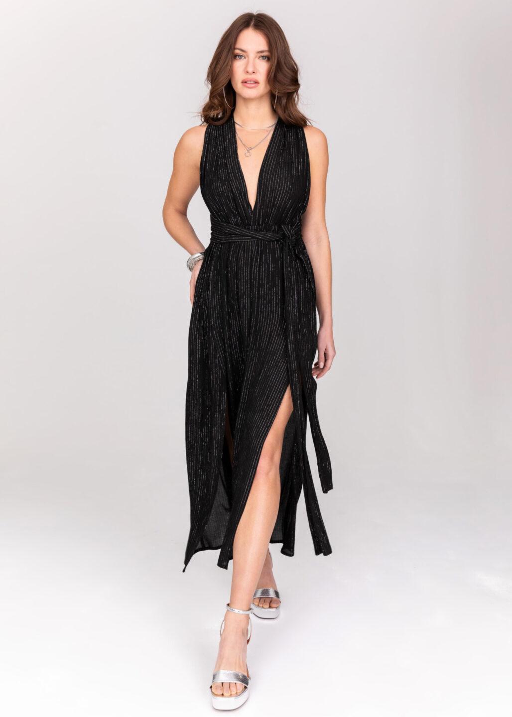 Convertible Maxi Dress with Side Slits & Lurex Stripes in Black