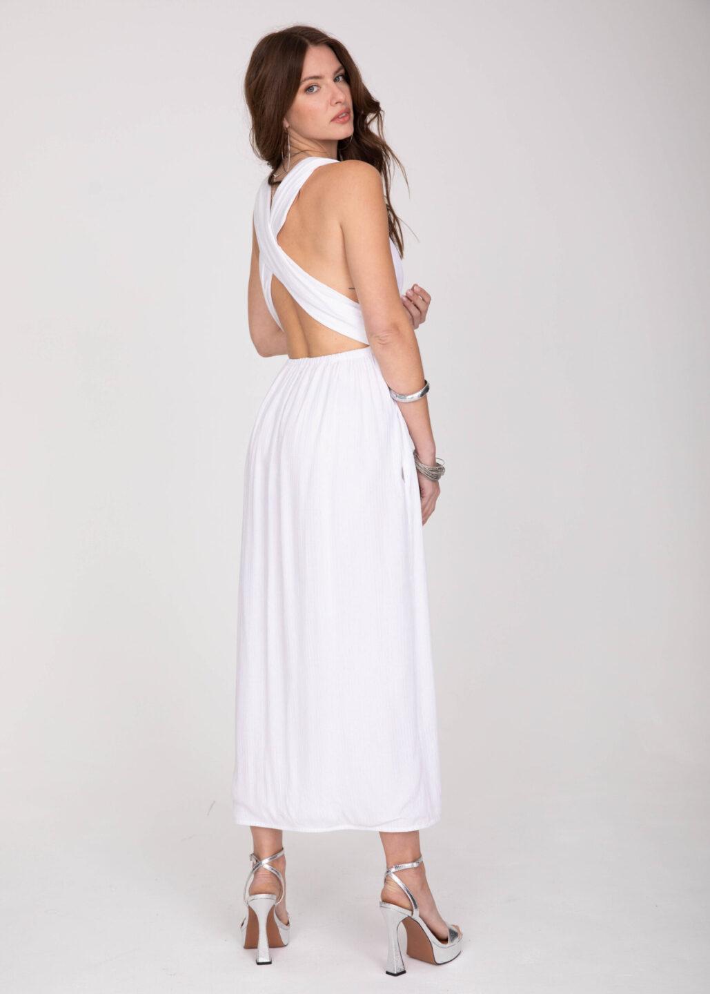 Convertible Maxi Dress with Side Slits & Lurex Stripes in White