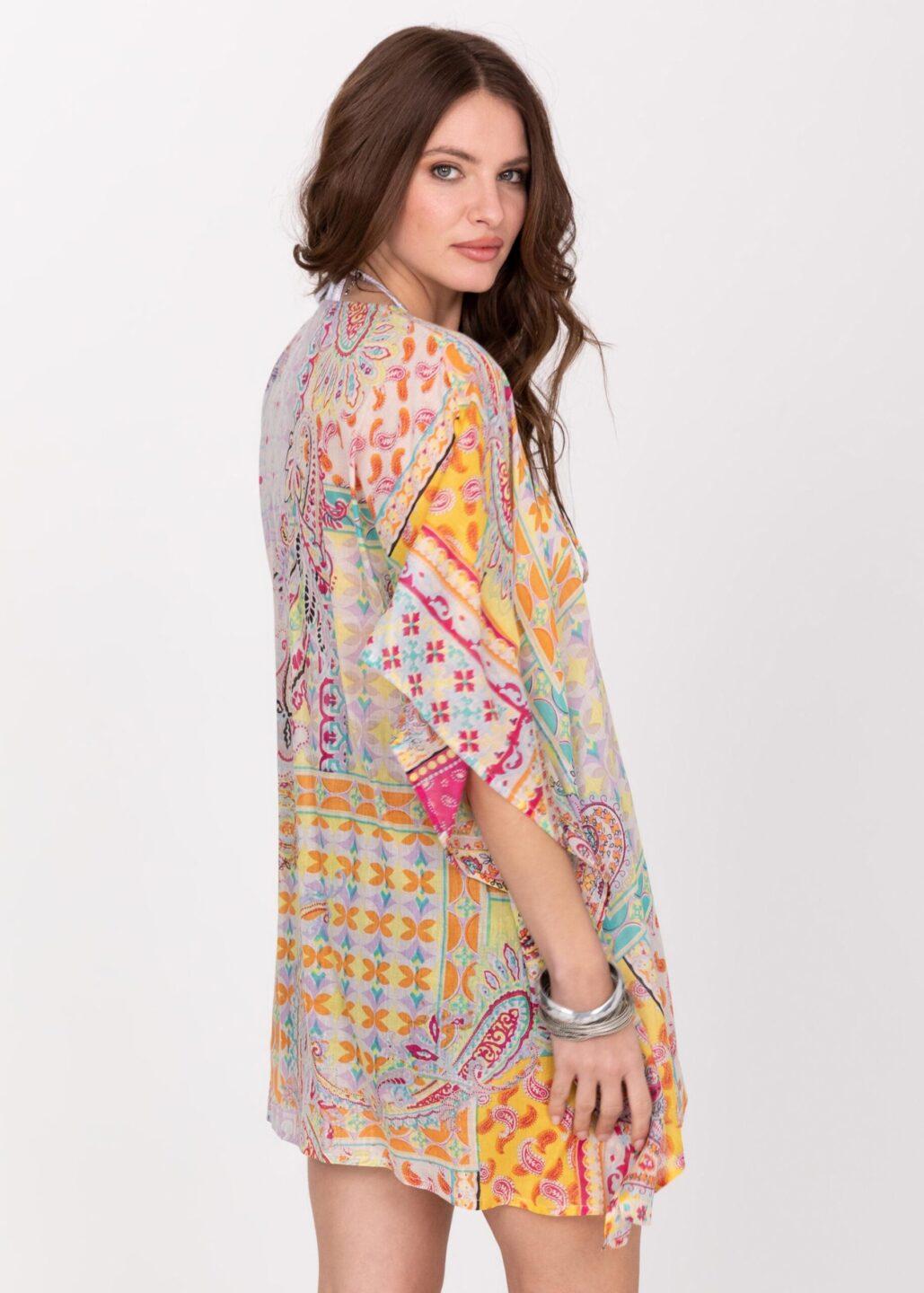 Cotton Beach Kaftan Cover Up in Multi Paisely Print with Sequins - likemary