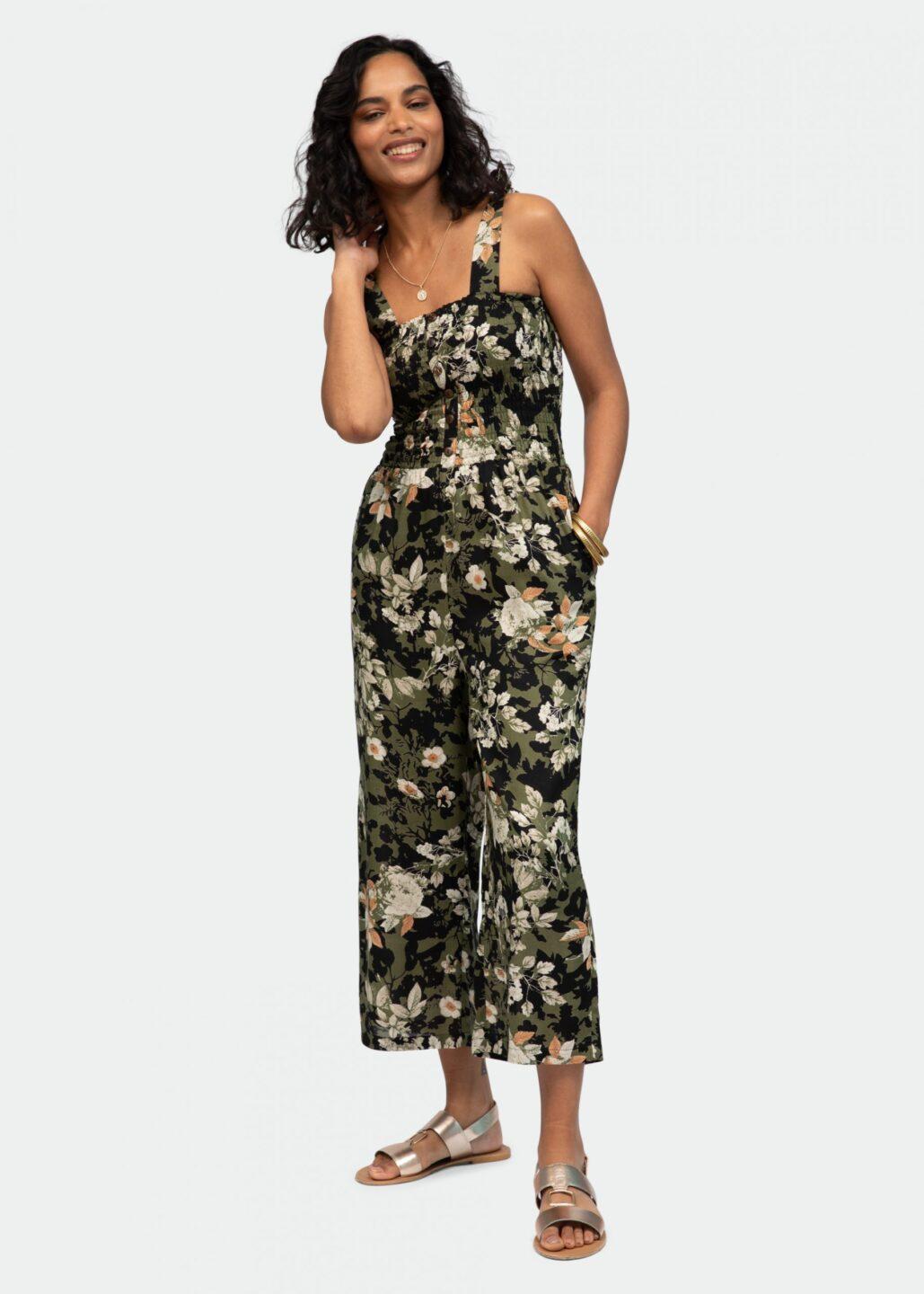 Culotte Bandeau Jumpsuit in Dark Green Florals - likemary