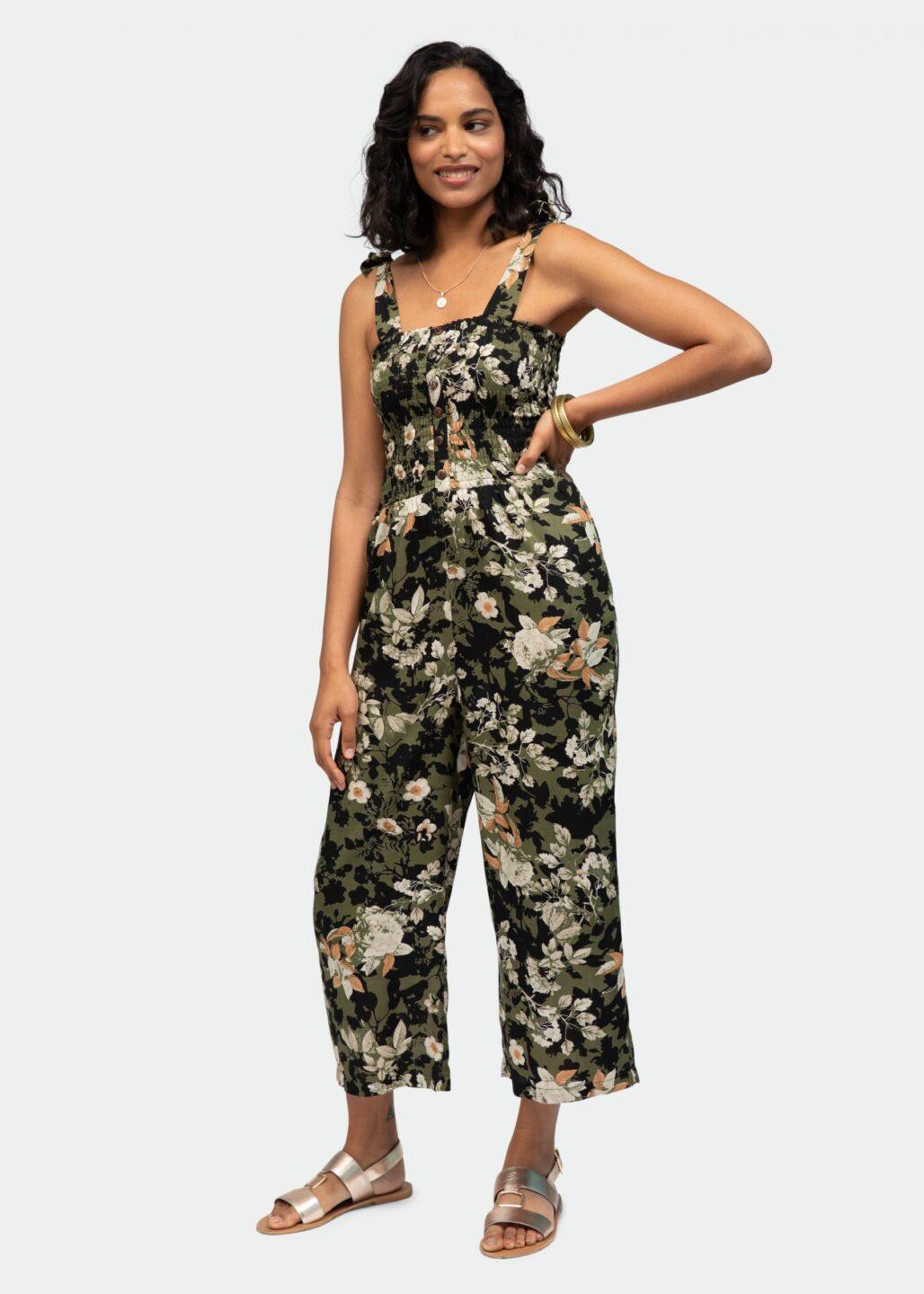 Culotte Bandeau Jumpsuit in Dark Green Florals - likemary