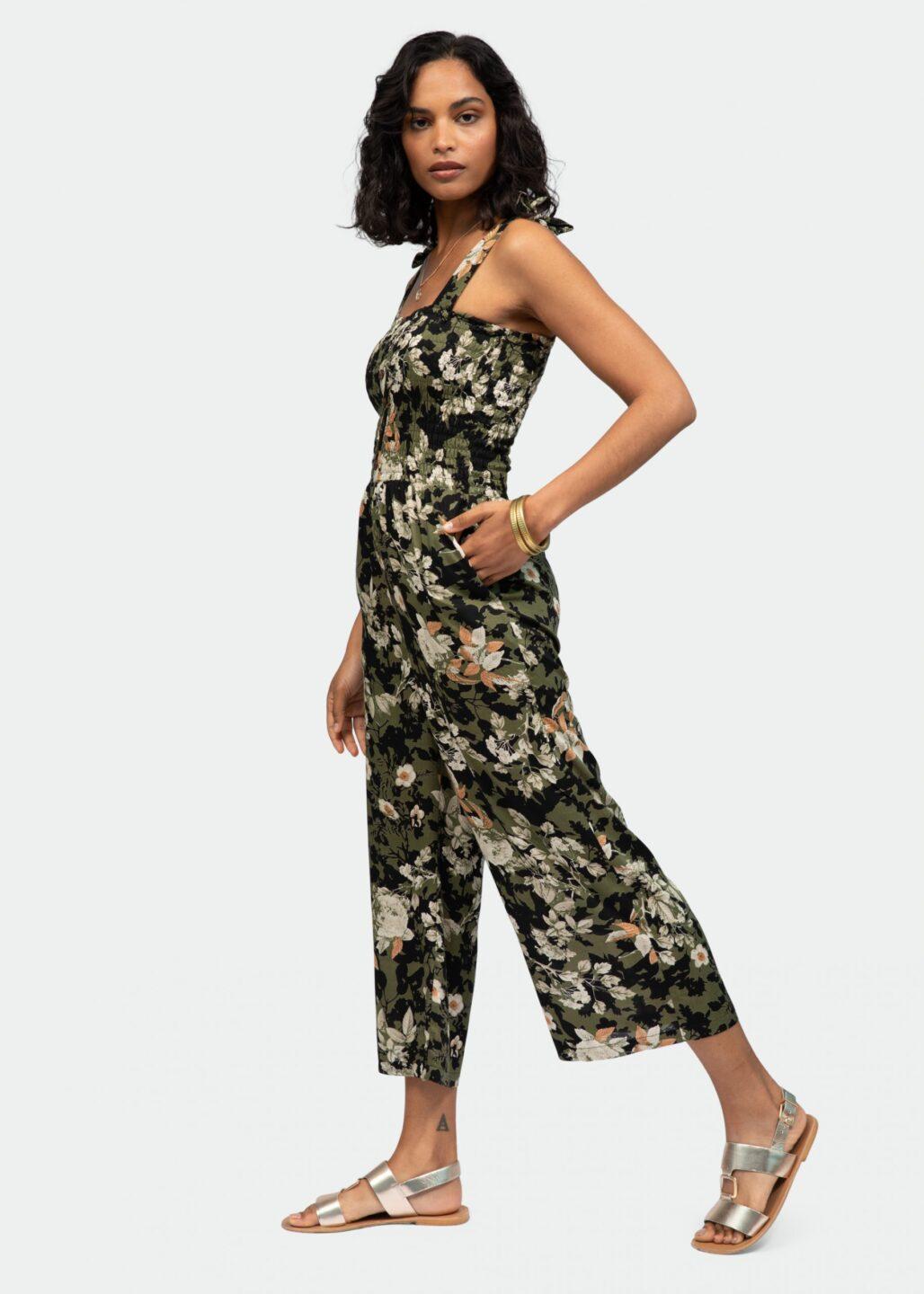 Culotte Bandeau Jumpsuit in Dark Green Florals - likemary