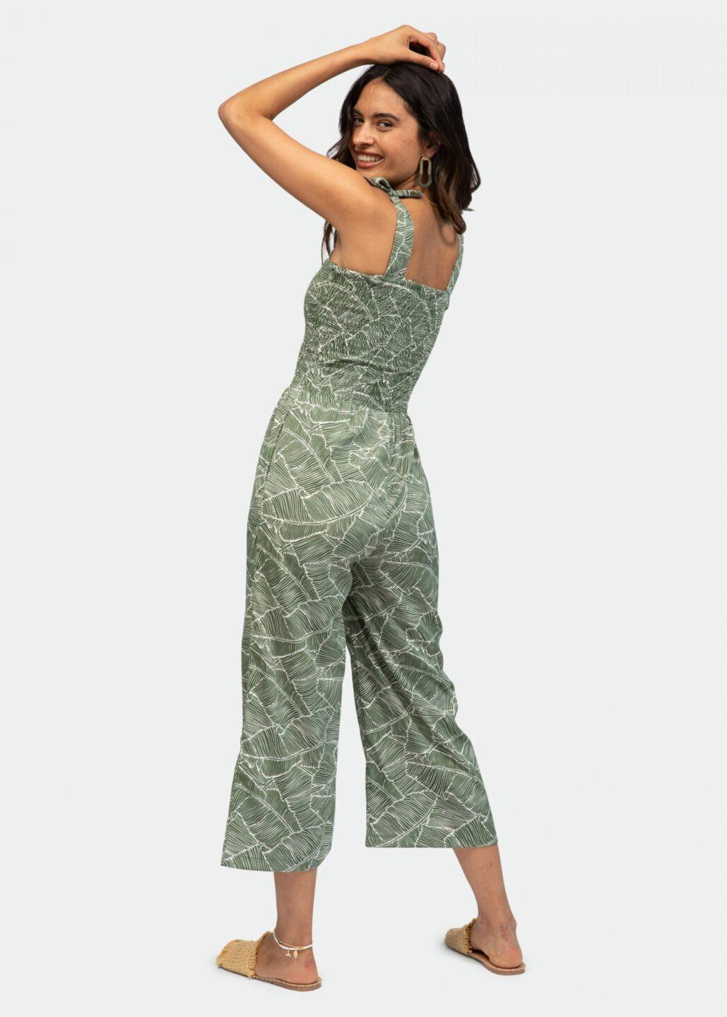 Culotte Bandeau Jumpsuit in White Leaves Print - likemary