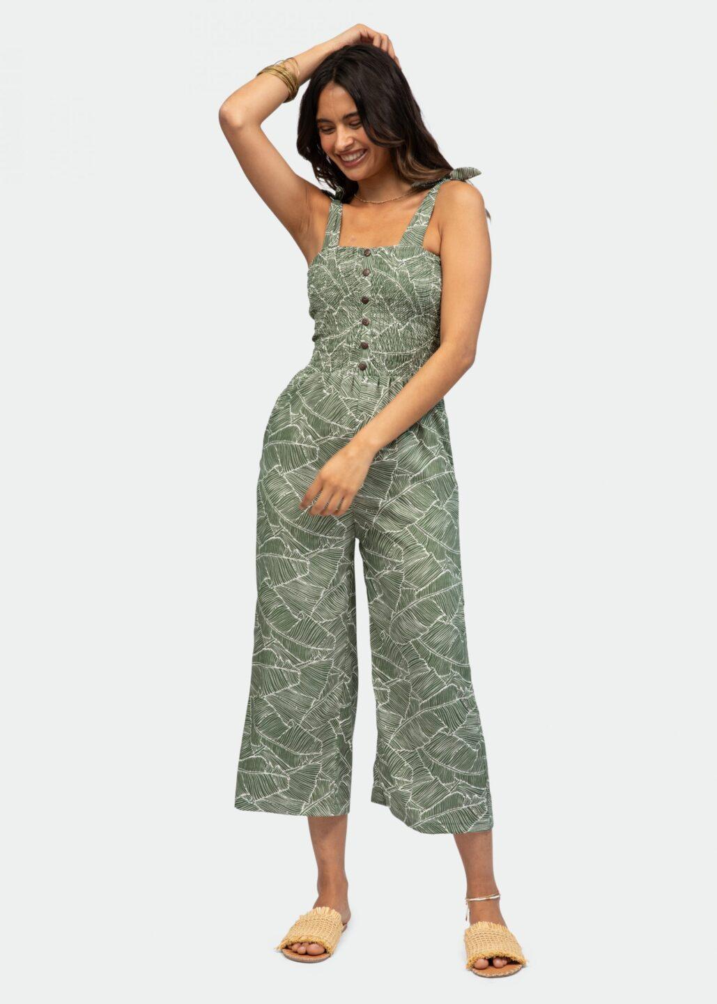 Culotte Bandeau Jumpsuit in White Leaves Print - likemary