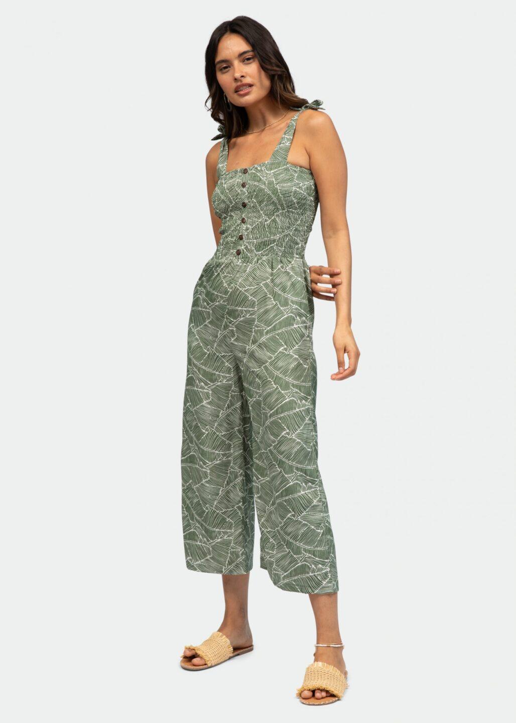 Culotte Bandeau Jumpsuit in White Leaves Print - likemary