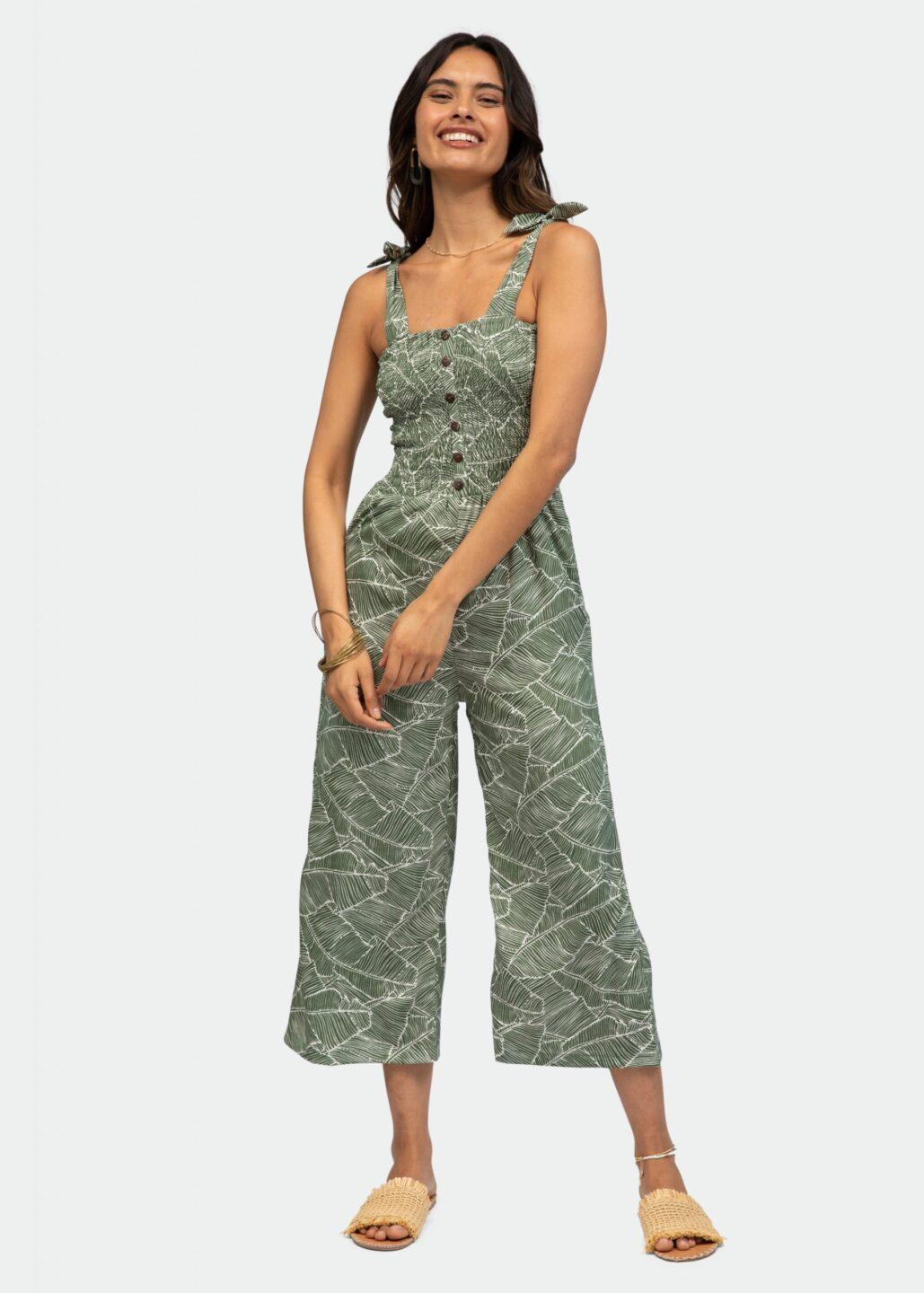 Culotte Bandeau Jumpsuit in White Leaves Print - likemary
