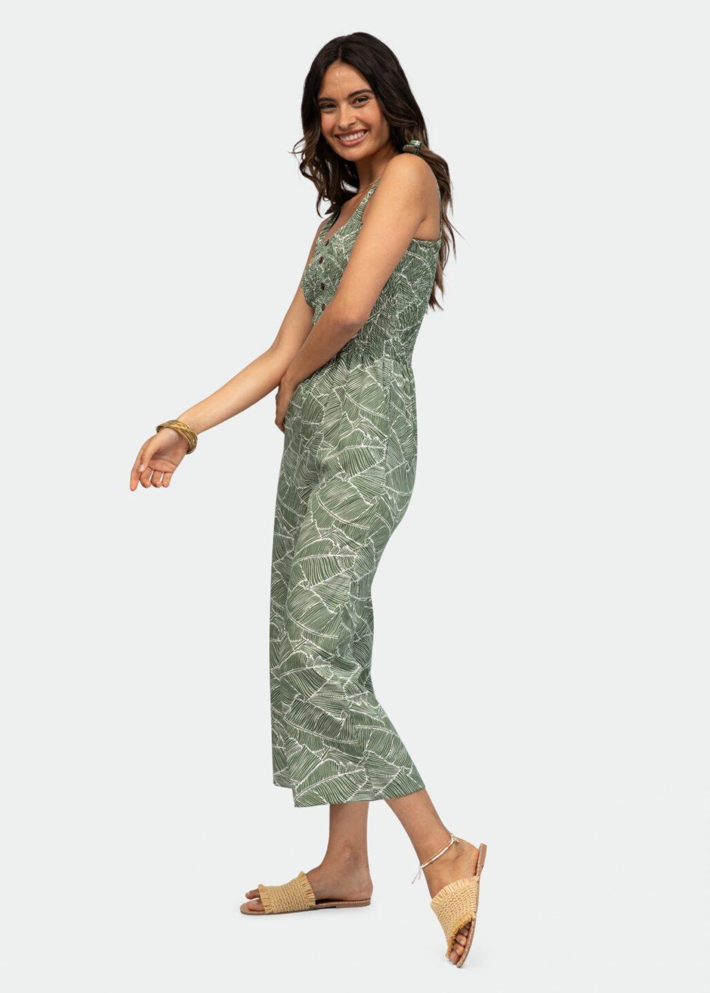 Culotte Bandeau Jumpsuit in White Leaves Print - likemary