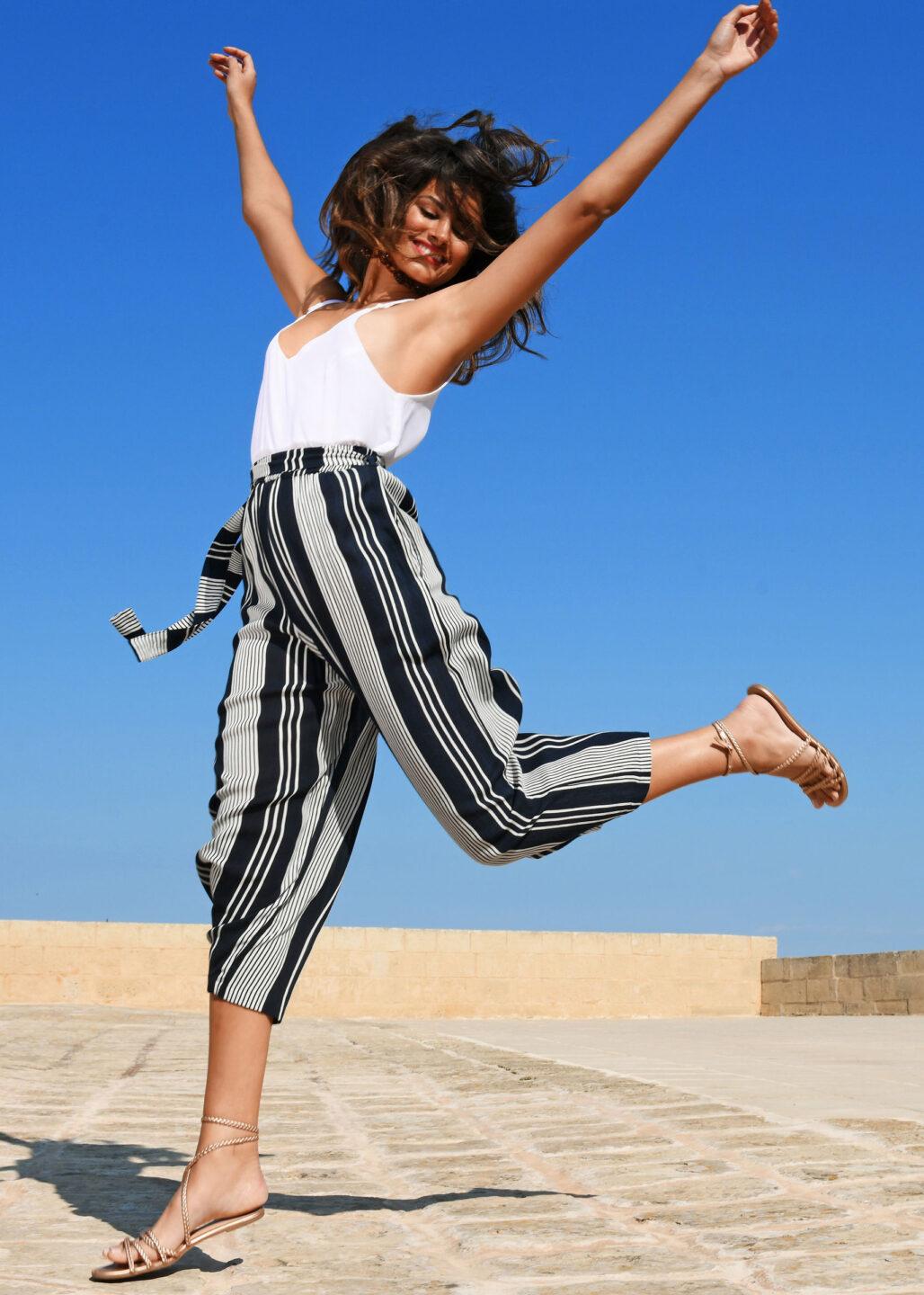 Culotte Crop Summer Trousers Crinkle Stripes - likemary