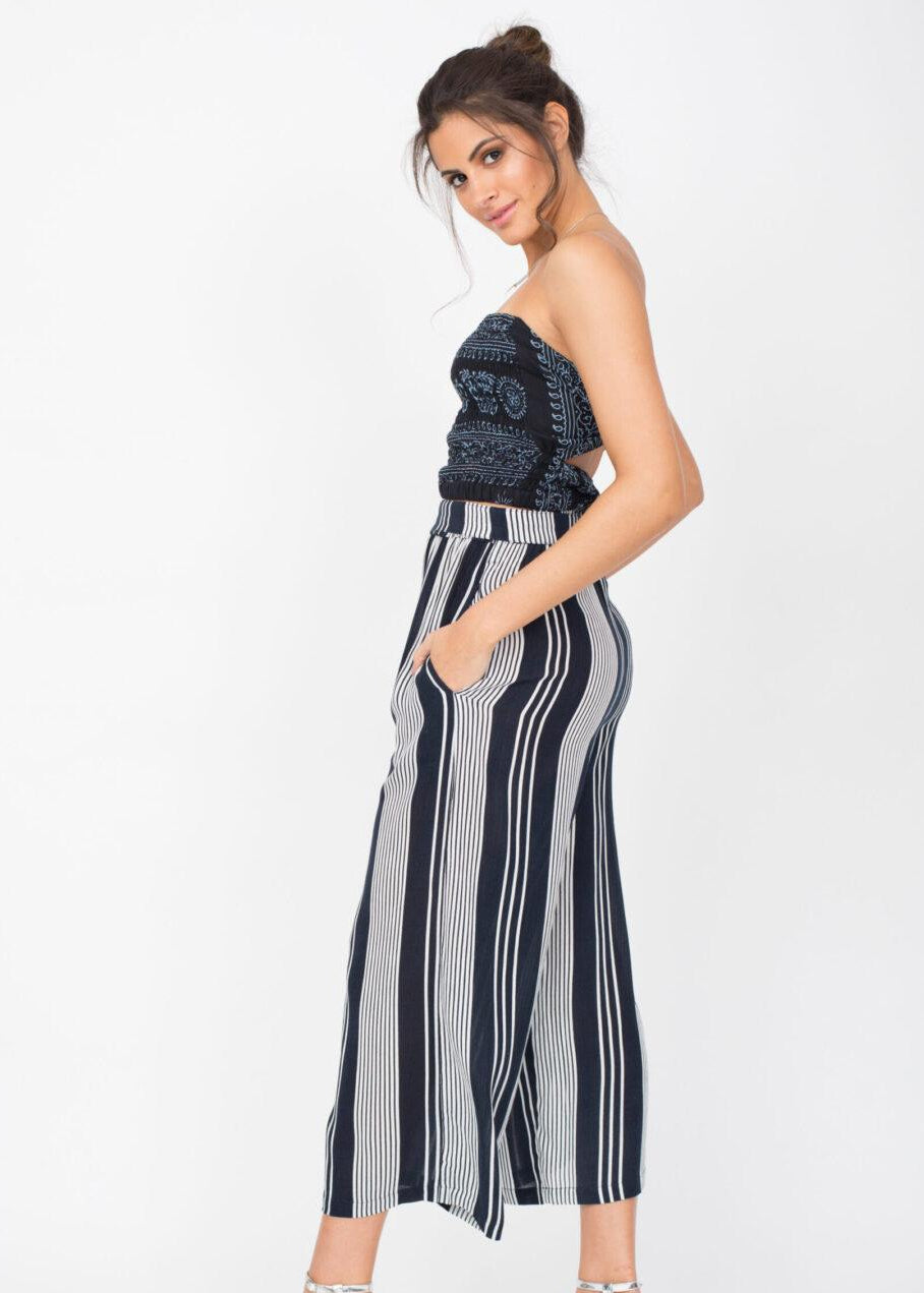 Culotte Crop Summer Trousers Crinkle Stripes - likemary