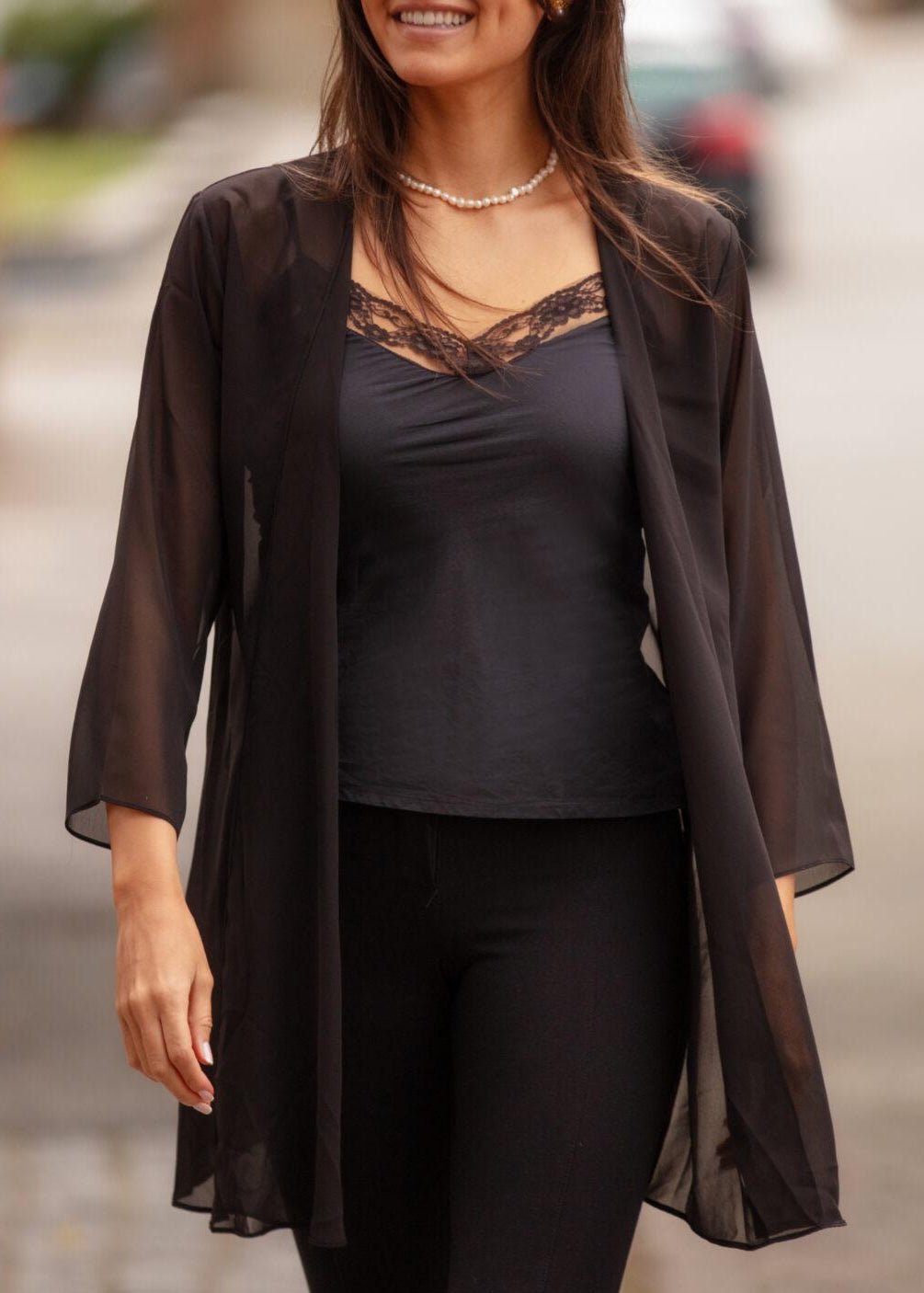 Elegant Sheer Longline Cardigan Black - likemary