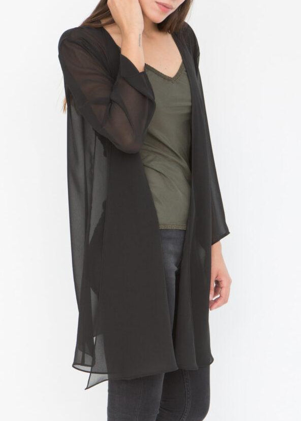 Elegant Sheer Longline Cardigan Black - likemary