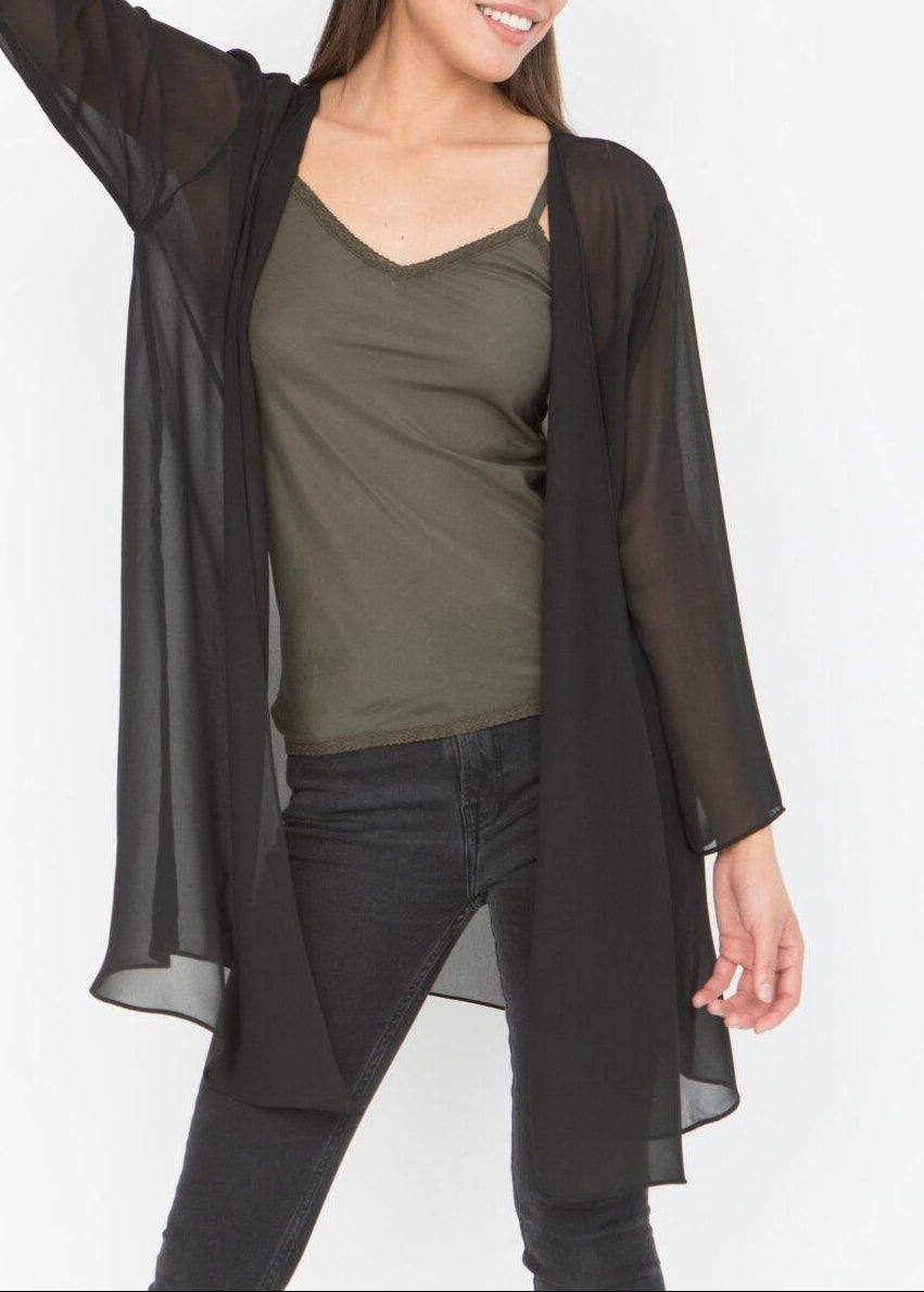 Elegant Sheer Longline Cardigan Black - likemary