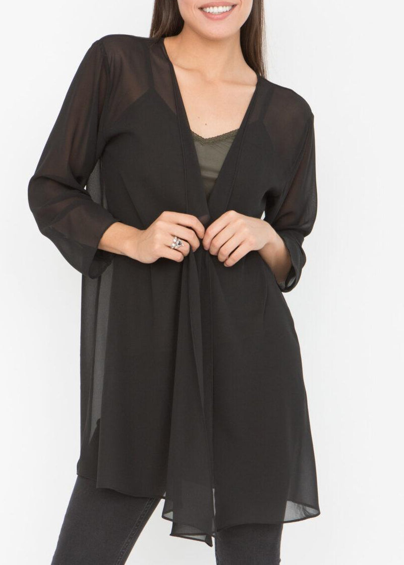 Elegant Sheer Longline Cardigan Black - likemary