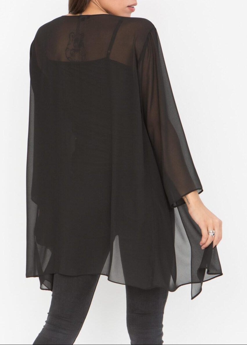 Elegant Sheer Longline Cardigan Black - likemary