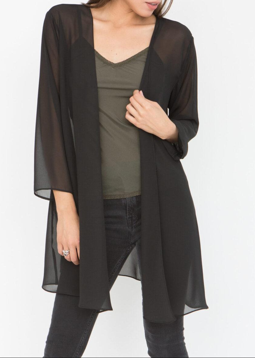 Elegant Sheer Longline Cardigan Black - likemary