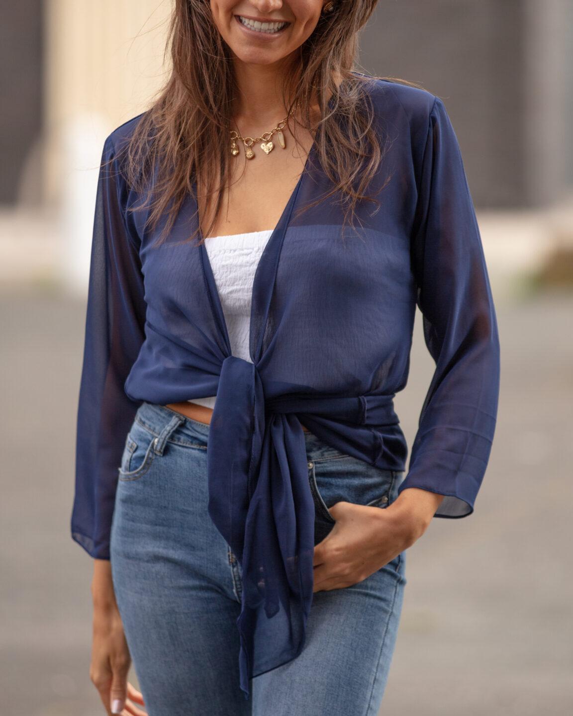 Elegant Sheer Longline Cardigan Blue - likemary