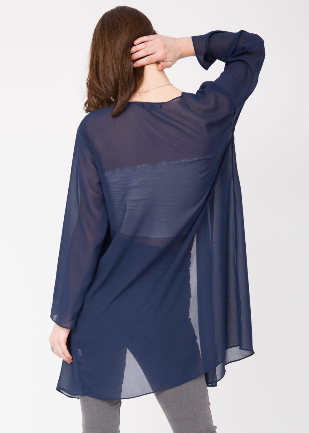 Elegant Sheer Longline Cardigan Blue - likemary