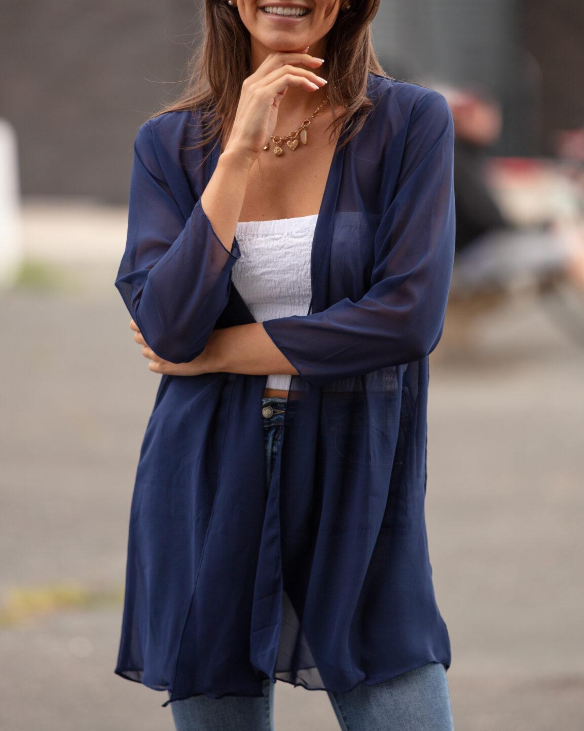 Elegant Sheer Longline Cardigan Blue - likemary