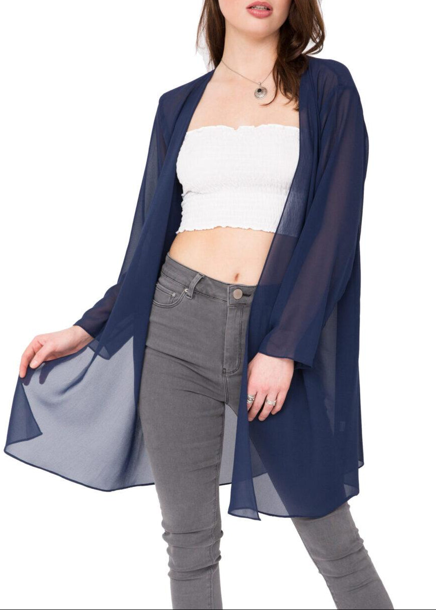 Elegant Sheer Longline Cardigan Blue - likemary