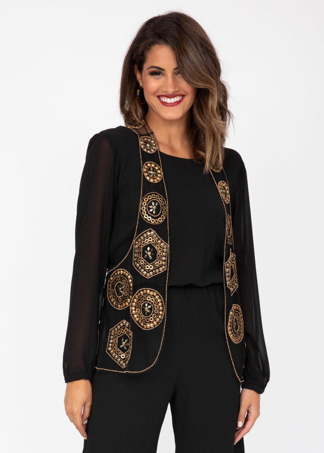 Embellished Waistcoat In Black And Gold - likemary