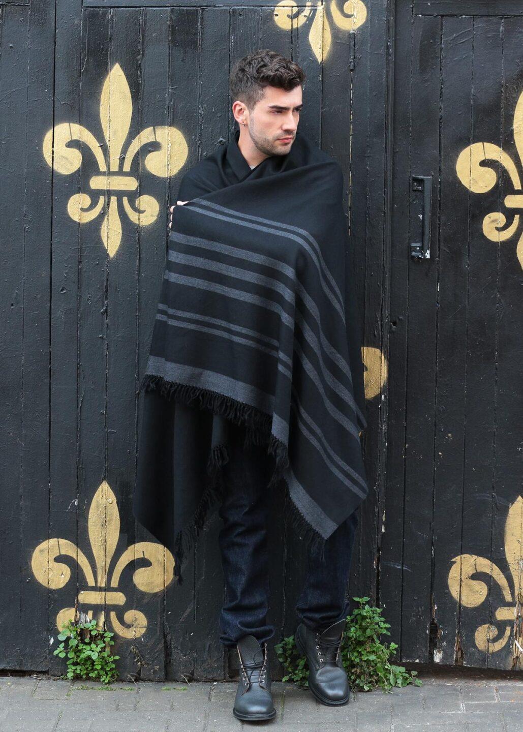 Ethically Handwoven Men's Merino Wool Blanket Shawl in Black with Stripes - likemary