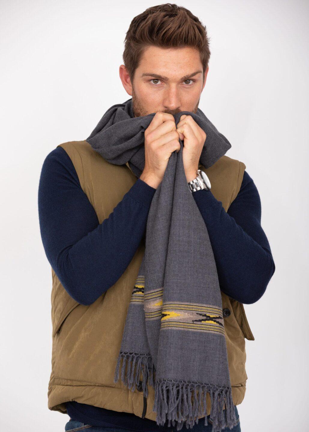 Ethically Handwoven Men's Merino Wool Scarf Wrap in Grey Takhi - likemary