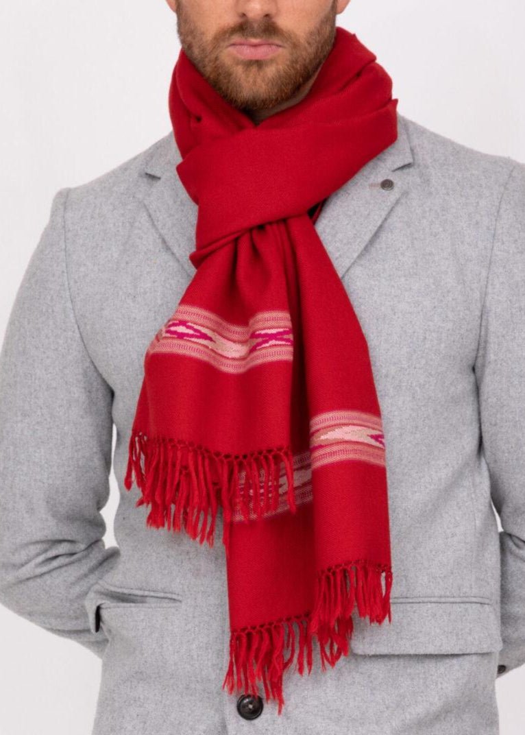 Ethically Handwoven Men's Merino Wool Scarf Wrap in Red Takhi - likemary