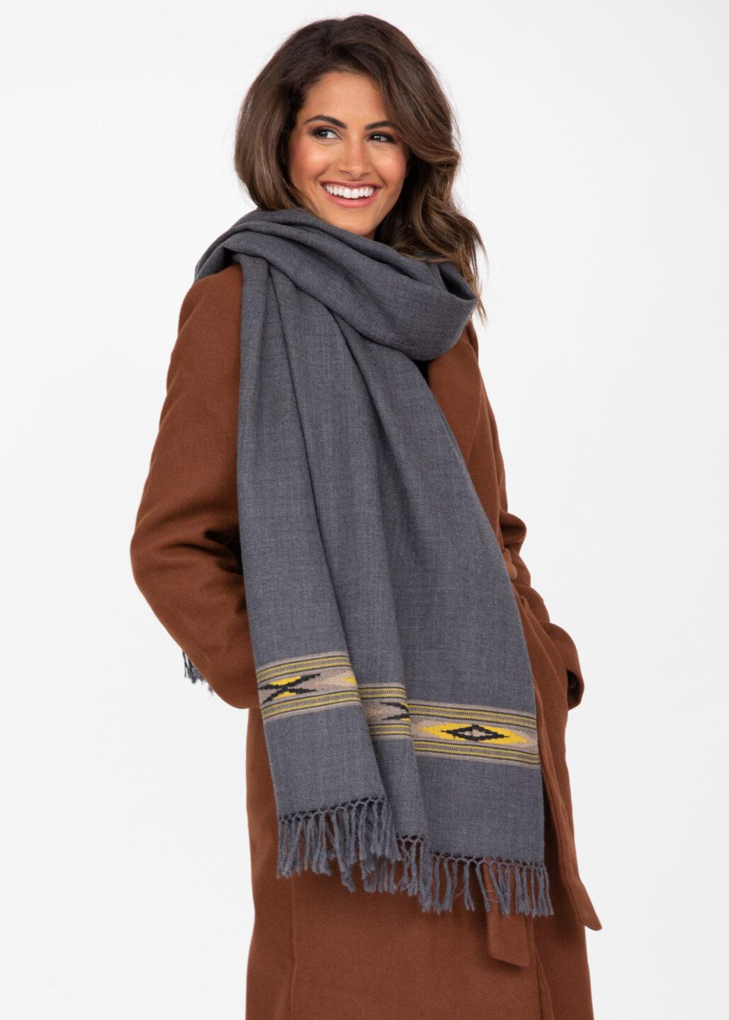 Ethically Handwoven Merino Wool Blanket Scarf in Charcoal Grey Takhi - likemary