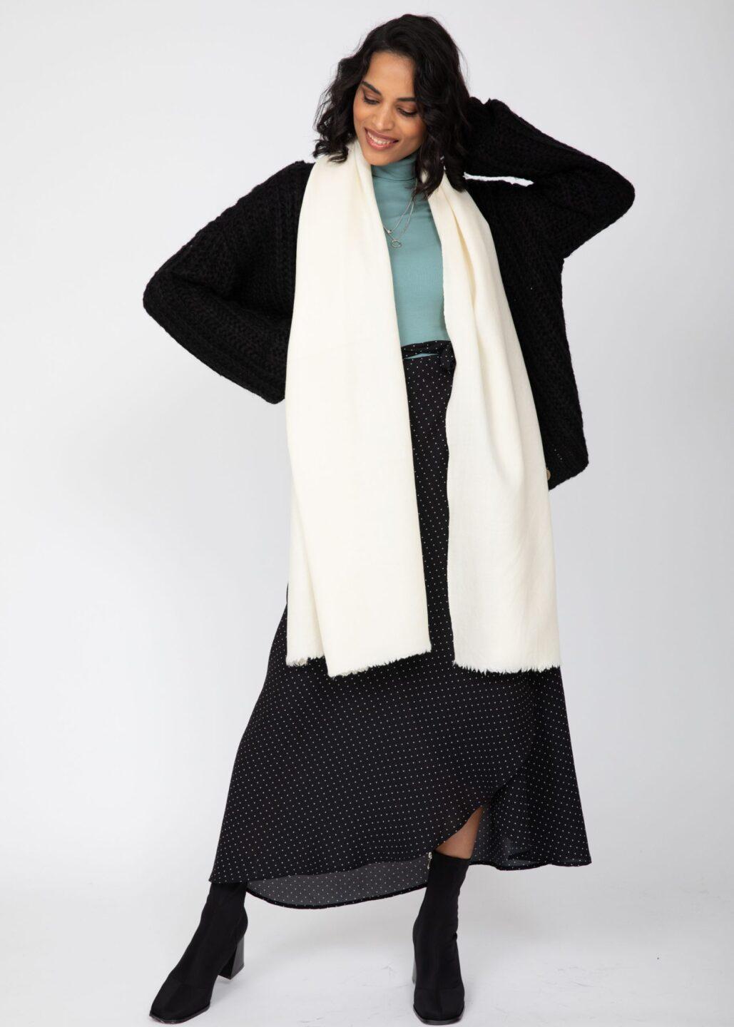 Ethically Handwoven Merino Wool Blanket Scarf in Cream - likemary