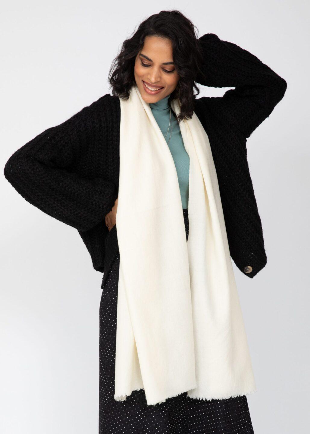 Ethically Handwoven Merino Wool Blanket Scarf in Cream - likemary