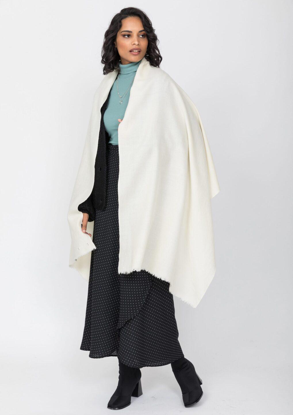 Ethically Handwoven Merino Wool Blanket Scarf in Cream - likemary