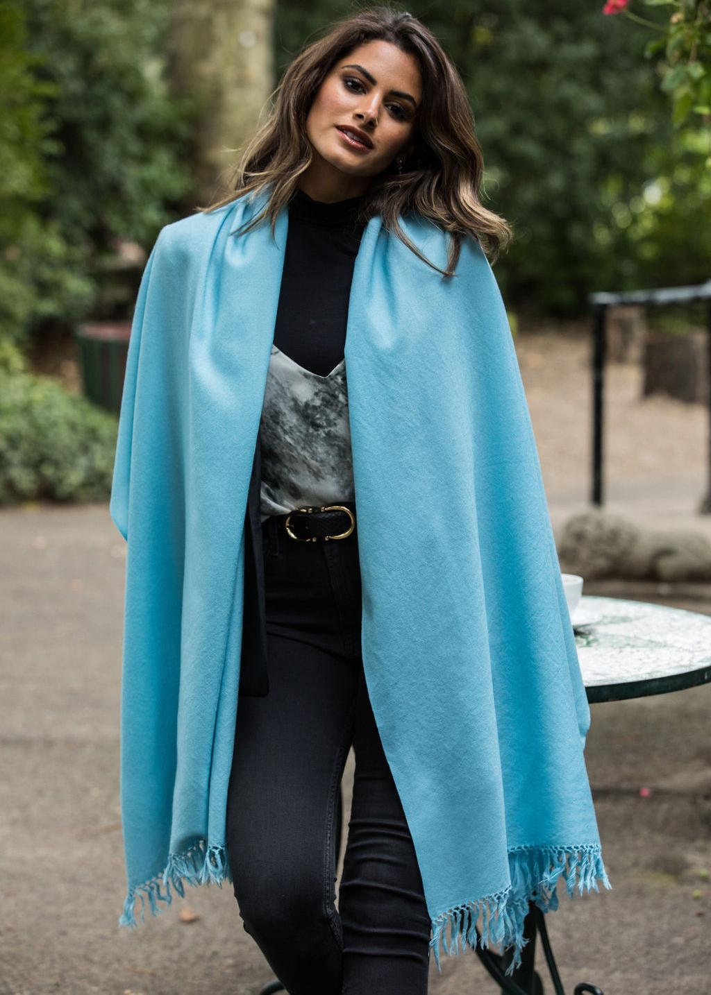 Ethically Handwoven Merino Wool Blanket Scarf in Crystal Blue - likemary