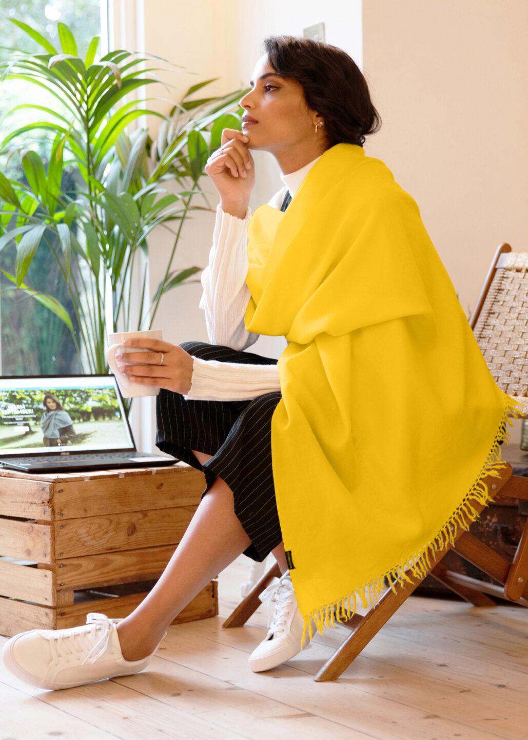 Ethically Handwoven Merino Wool Blanket Scarf in Inca Yellow - likemary