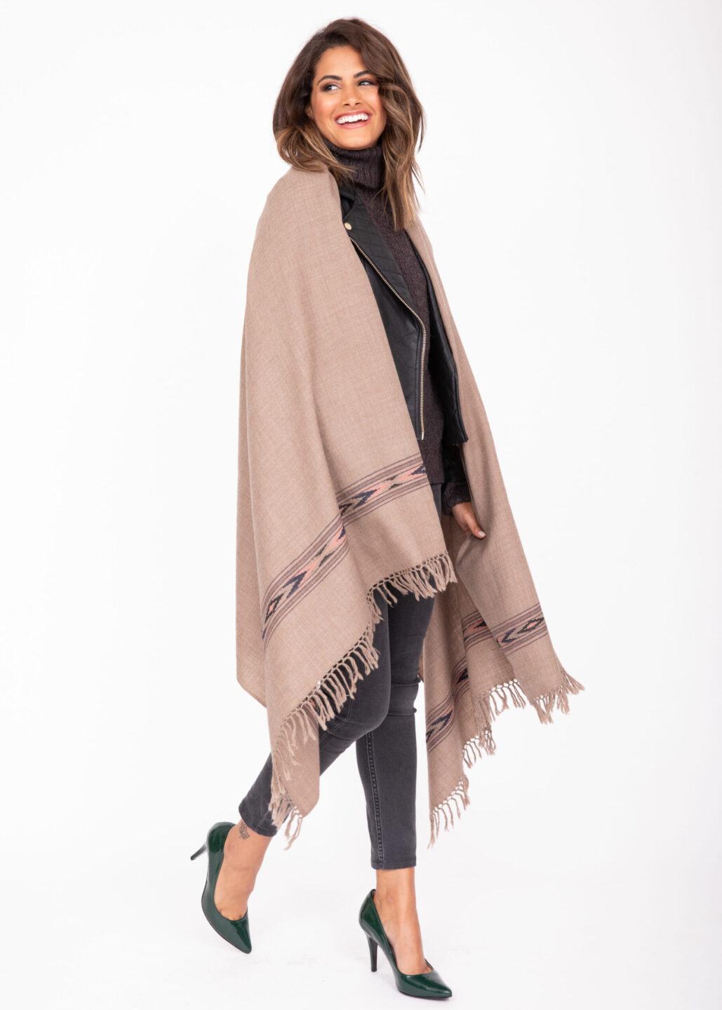 Ethically Handwoven Merino Wool Blanket Scarf in Mocha Brown Takhi - likemary