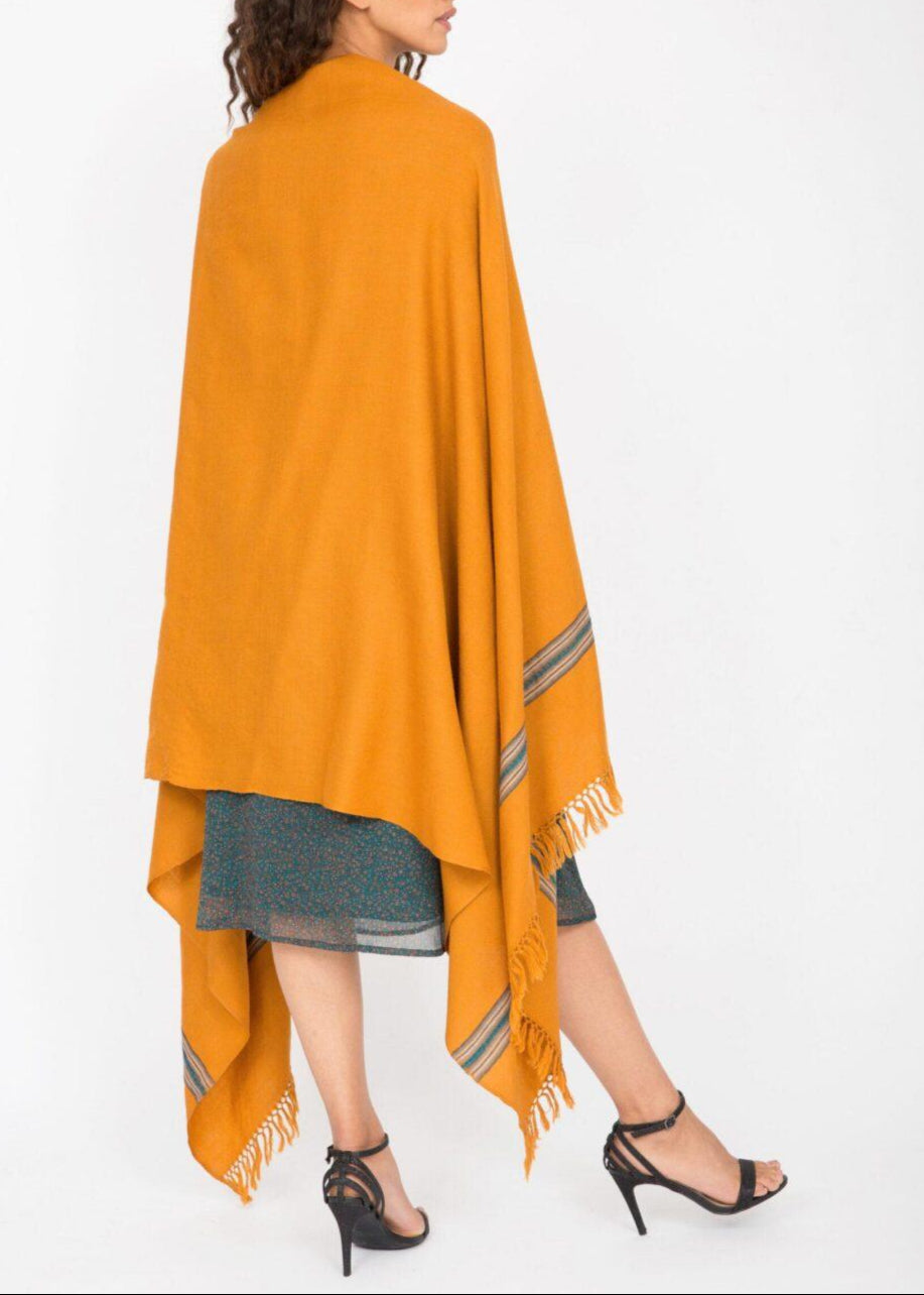 Ethically Handwoven Merino Wool Blanket Scarf in Mustard Yellow Mansi - likemary