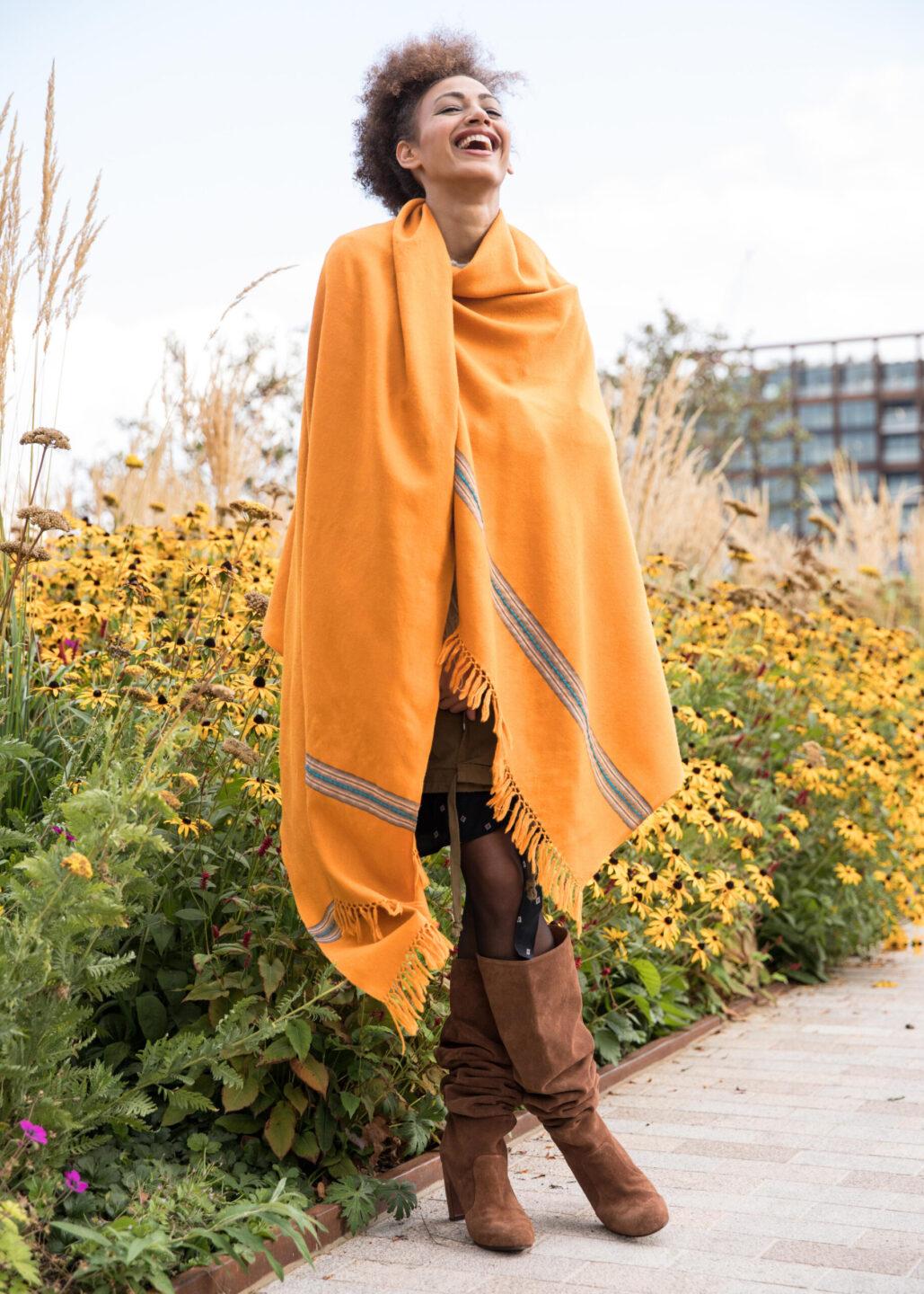 Ethically Handwoven Merino Wool Blanket Scarf in Mustard Yellow Mansi - likemary