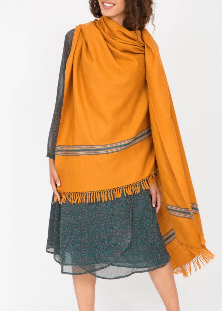 Ethically Handwoven Merino Wool Blanket Scarf in Mustard Yellow Mansi - likemary