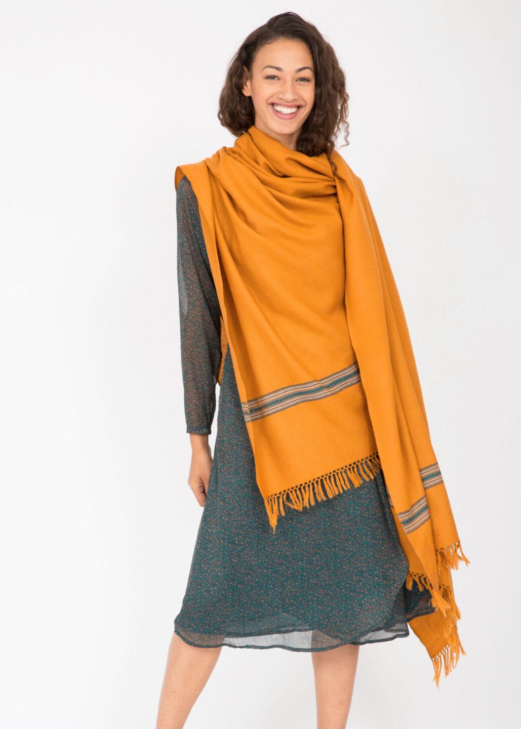 Ethically Handwoven Merino Wool Blanket Scarf in Mustard Yellow Mansi - likemary